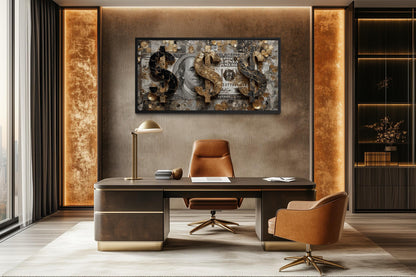 Money Wall Art – Gold Coin Canvas, Executive Office Decor & Modern Masculine Art for Men