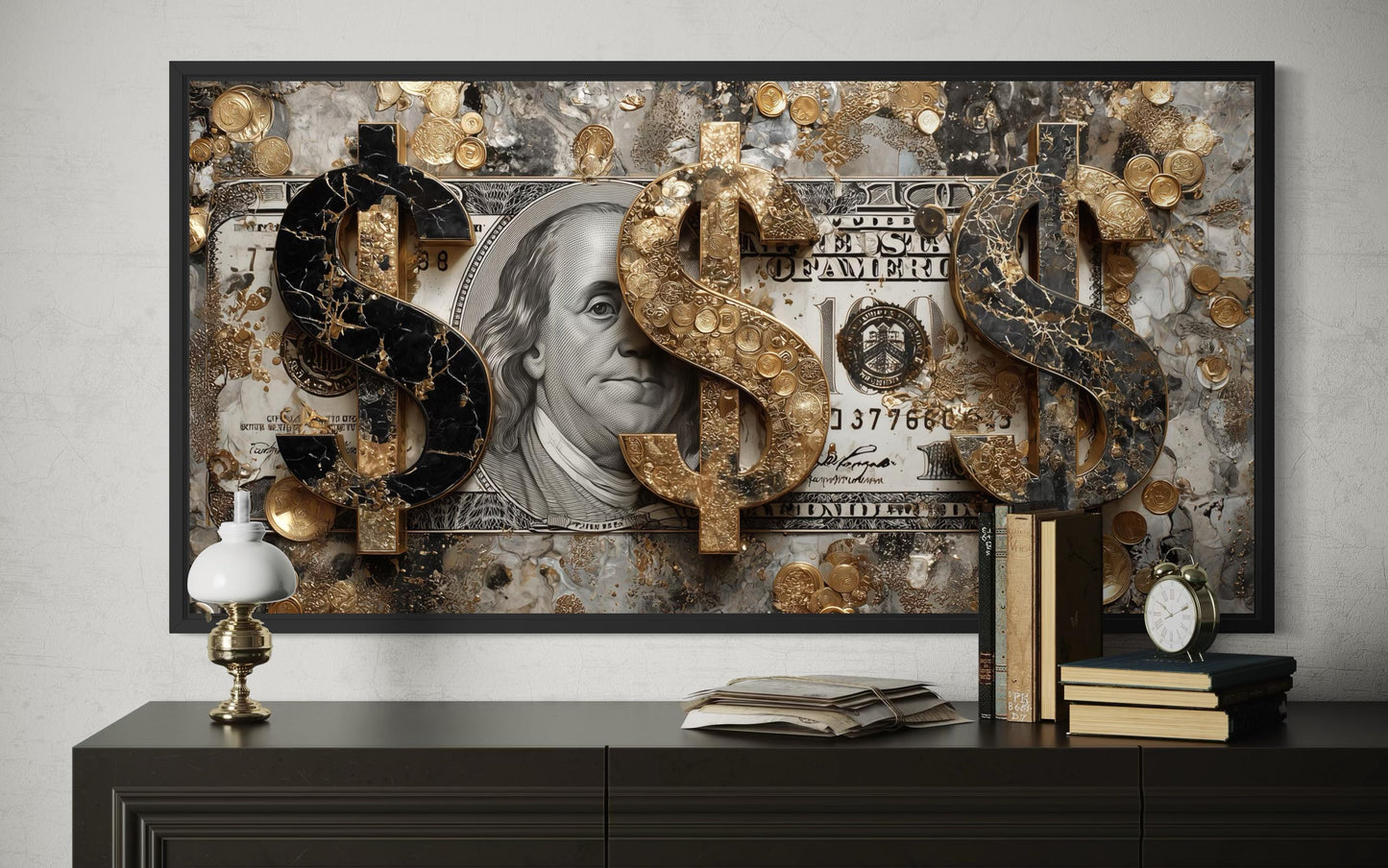 Money Wall Art – Gold Coin Canvas, Executive Office Decor & Modern Masculine Art for Men
