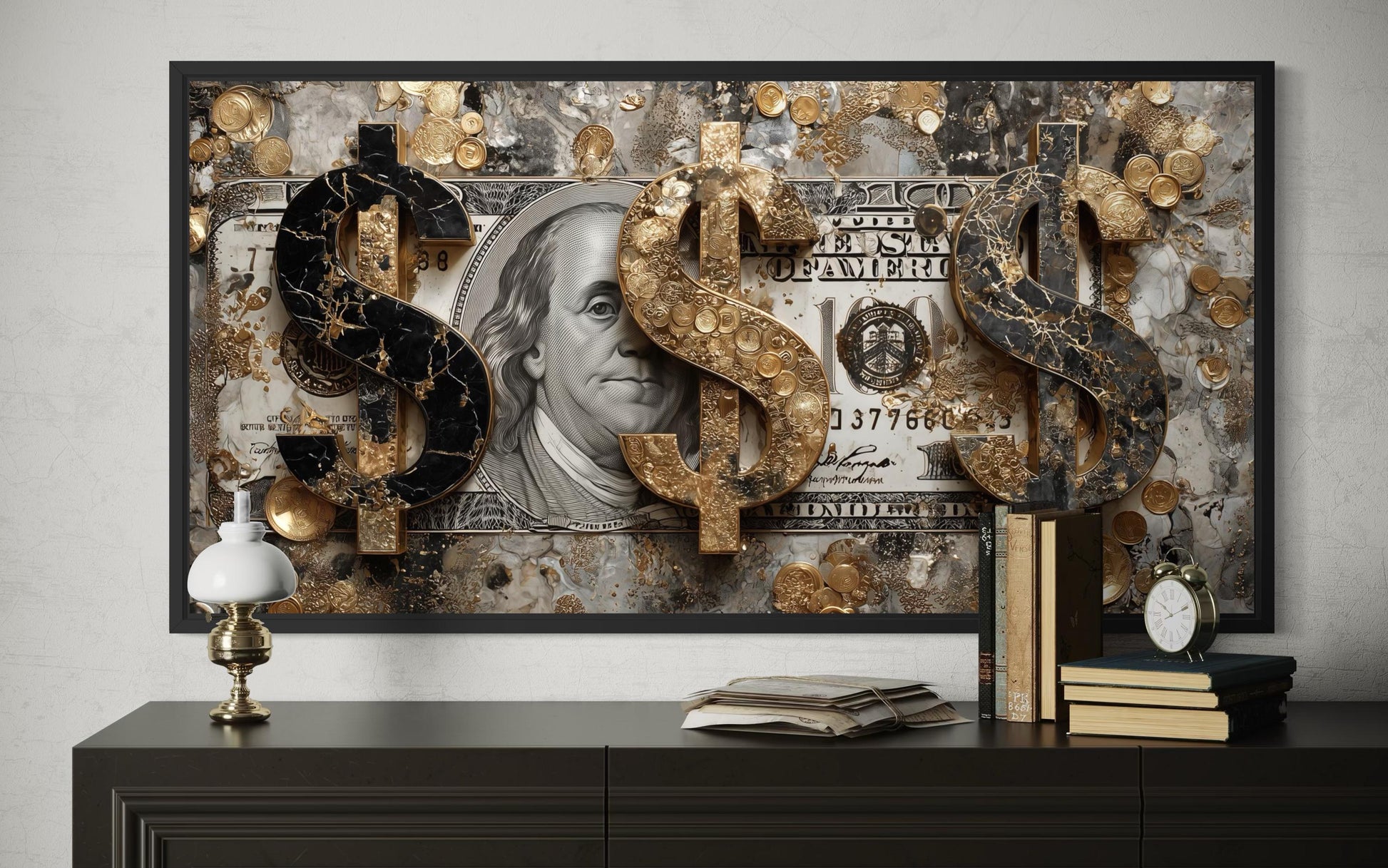 Money Wall Art – Gold Coin Canvas, Executive Office Decor & Modern Masculine Art for Men