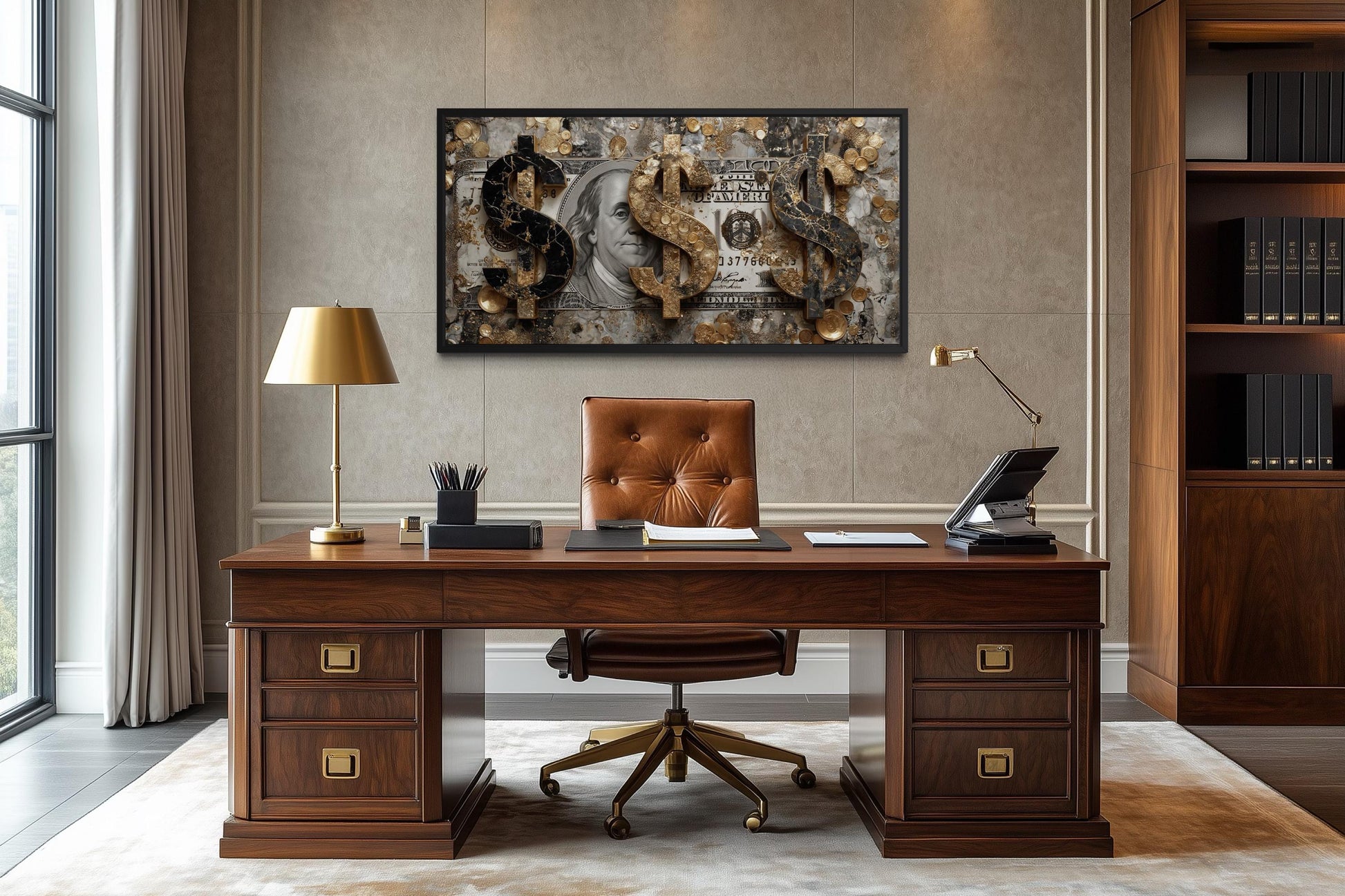 Money Wall Art – Gold Coin Canvas, Executive Office Decor & Modern Masculine Art for Men