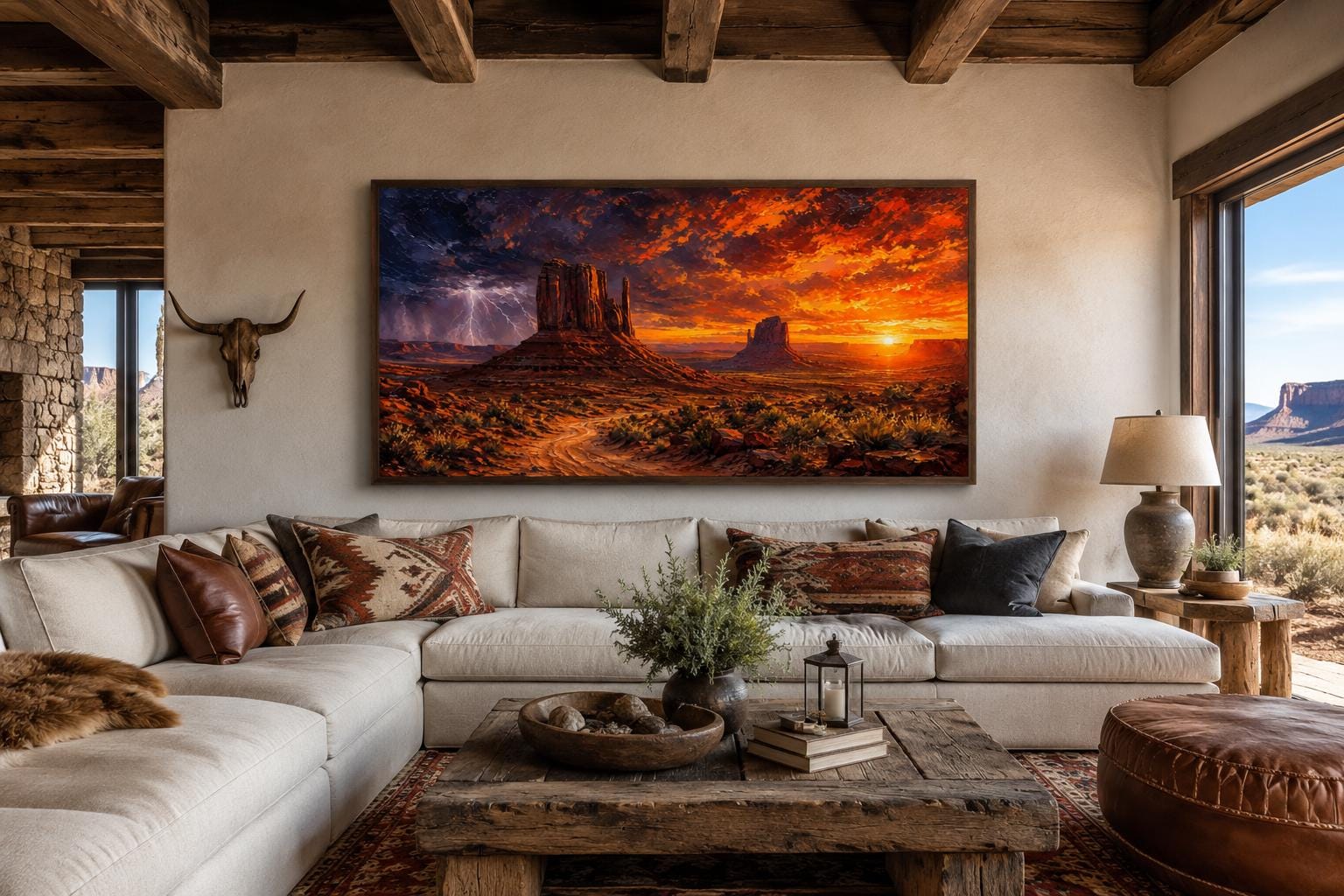 Monument Valley Sunset with Dramatic Storm Clouds and Lightning, Southwestern Wall Art
