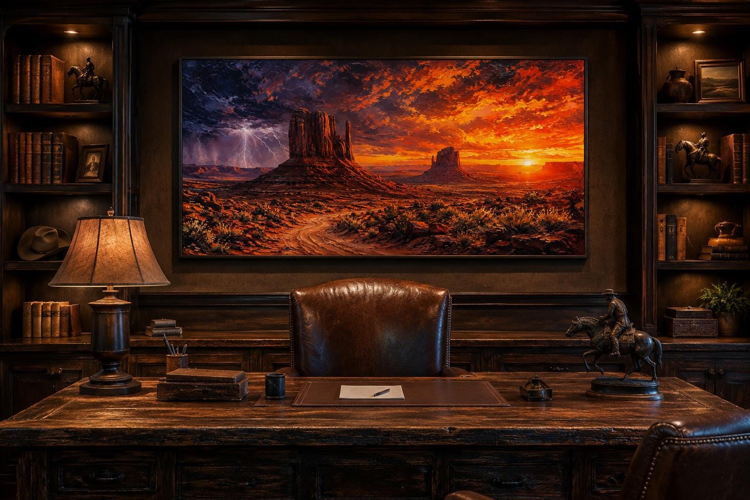 Monument Valley Sunset with Dramatic Storm Clouds and Lightning, Southwestern Wall Art