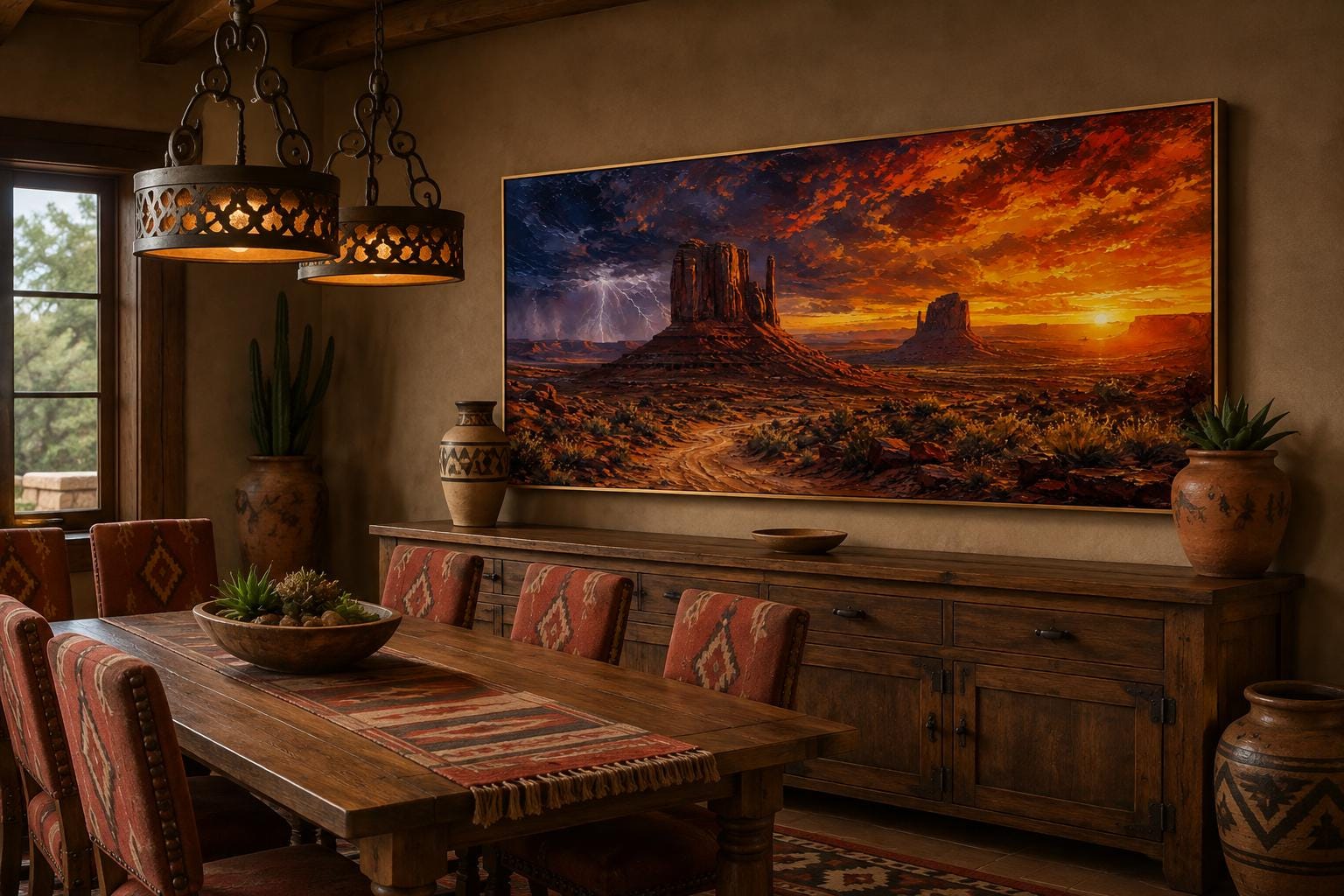Monument Valley Sunset with Dramatic Storm Clouds and Lightning, Southwestern Wall Art