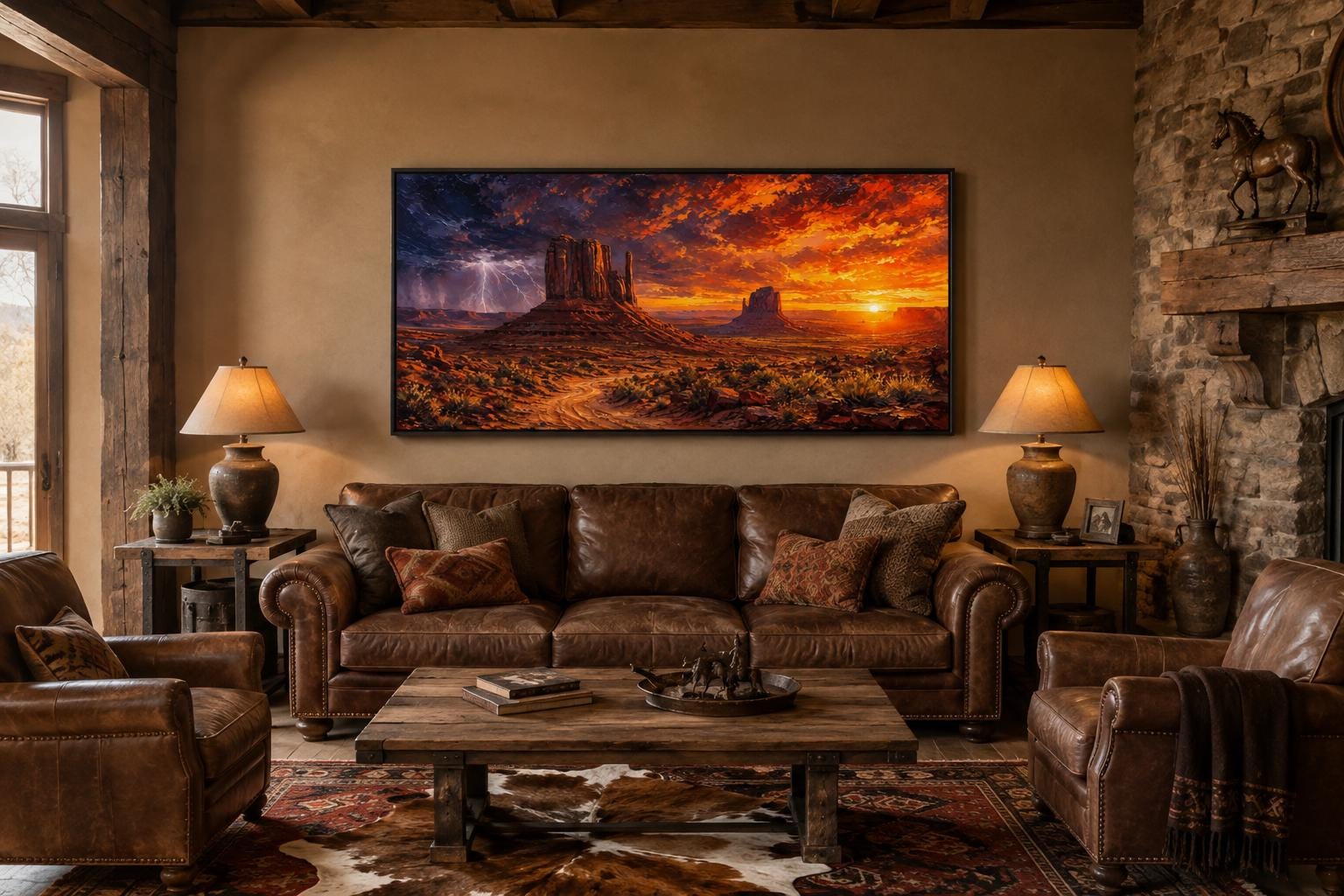 Monument Valley Sunset with Dramatic Storm Clouds and Lightning, Southwestern Wall Art