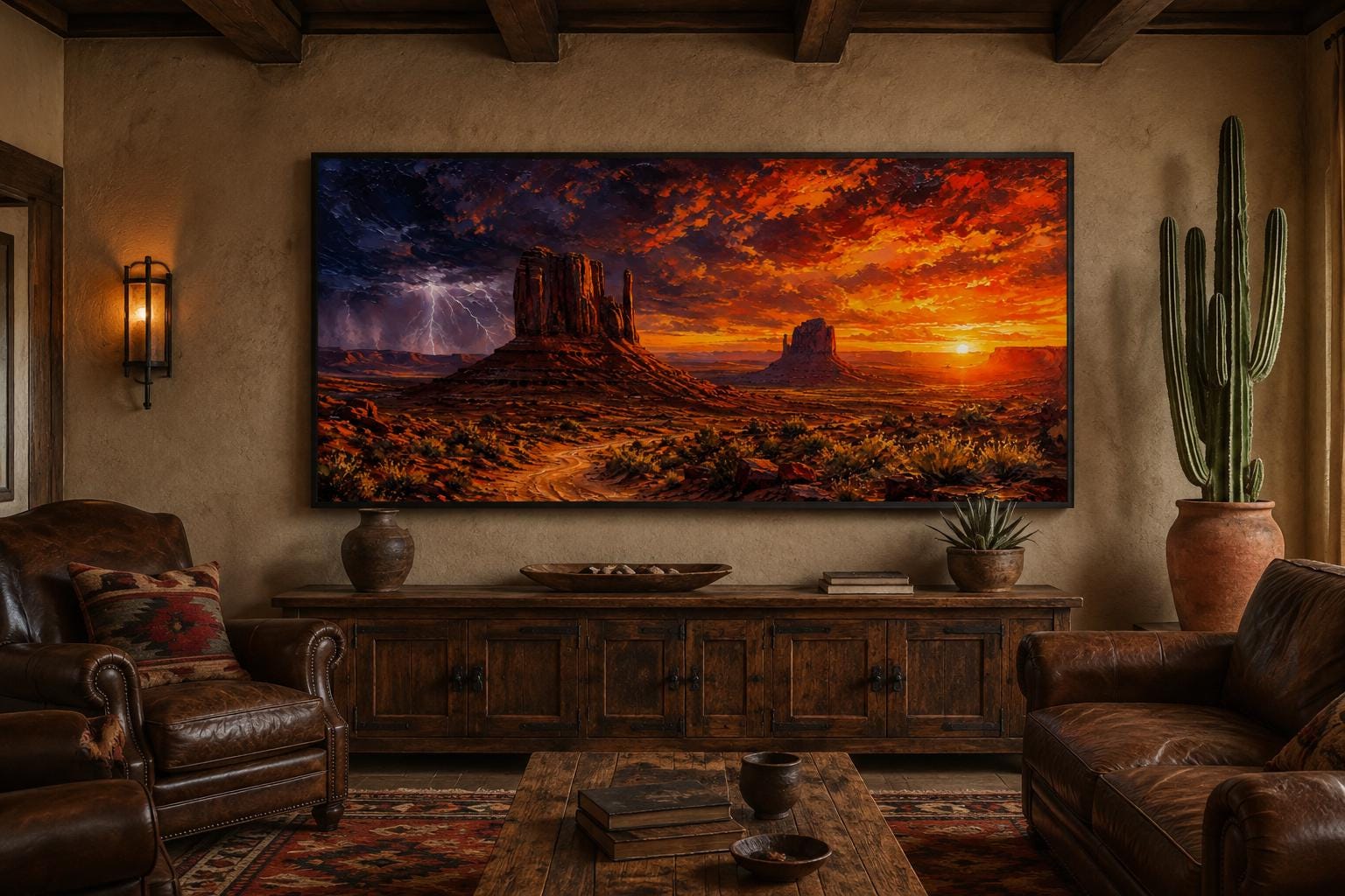 Monument Valley Sunset with Dramatic Storm Clouds and Lightning, Southwestern Wall Art