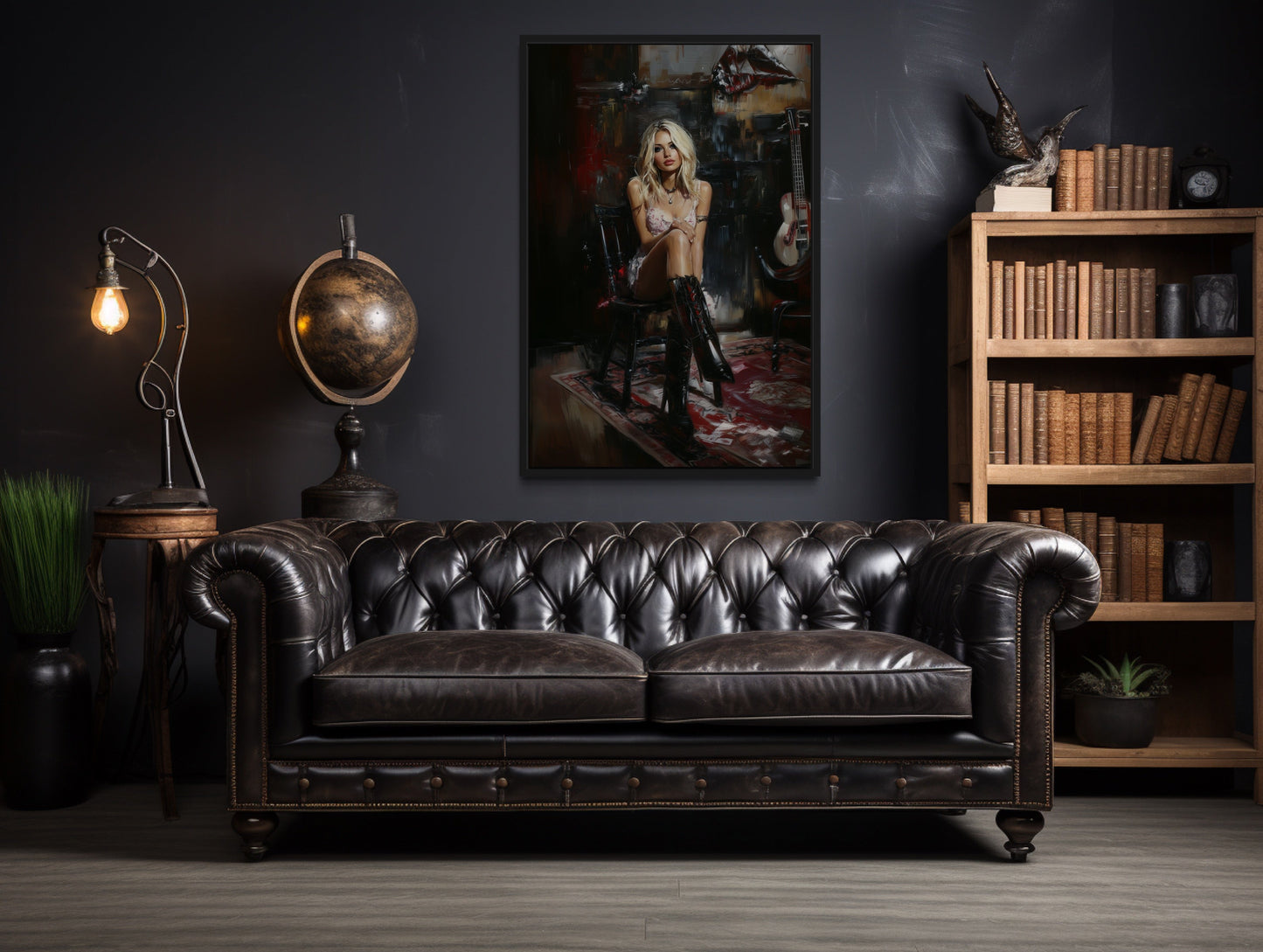 Moody Blonde Girl in Dark Room Framed Canvas Wall Art