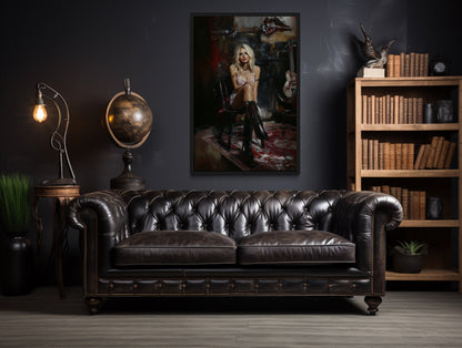 Moody Blonde Girl in Dark Room Framed Canvas Wall Art