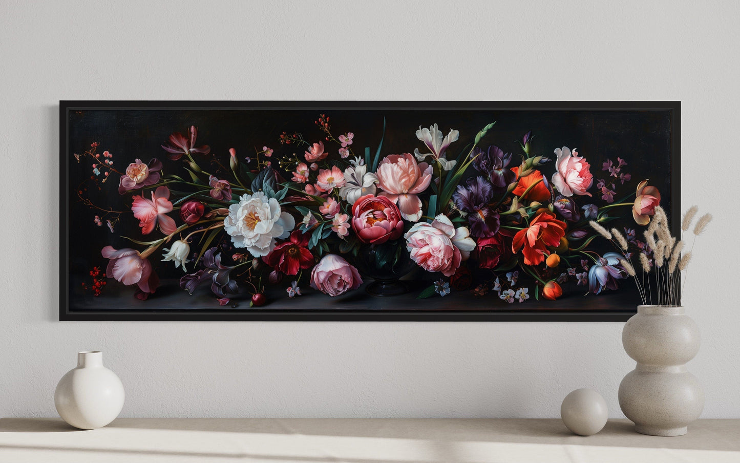 Moody Dark Flowers Antique Panoramic Above Couch Or Bed Wall Art