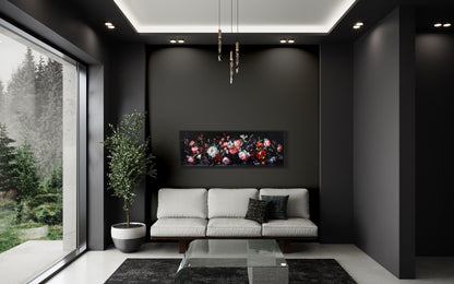 Moody Dark Flowers Antique Panoramic Above Couch Or Bed Wall Art
