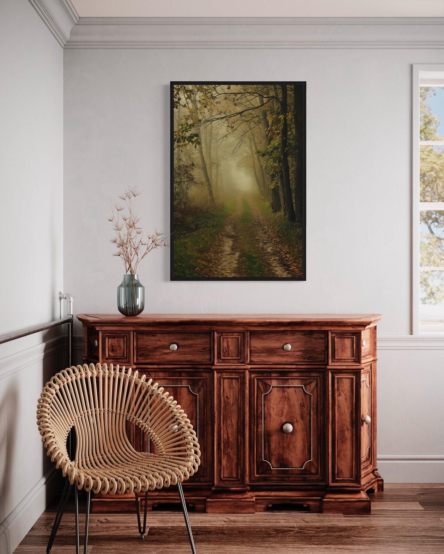 Moody Foggy Autumn Forest Framed Canvas Wall Art