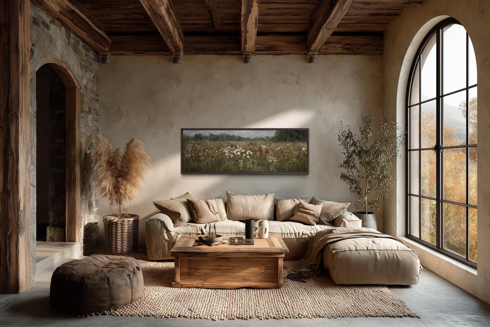 Moody Muted Wildflowers Field Long Horizontal Canvas Above Bed Wall Art