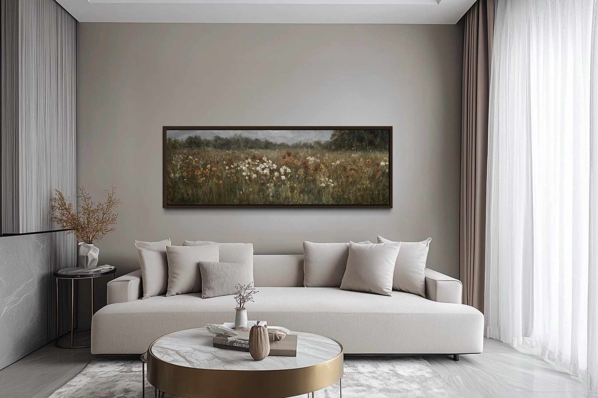 Moody Muted Wildflowers Field Long Horizontal Canvas Above Bed Wall Art