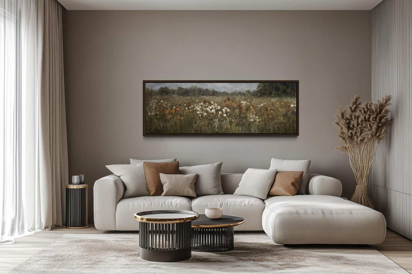Moody Muted Wildflowers Field Long Horizontal Canvas Above Bed Wall Art
