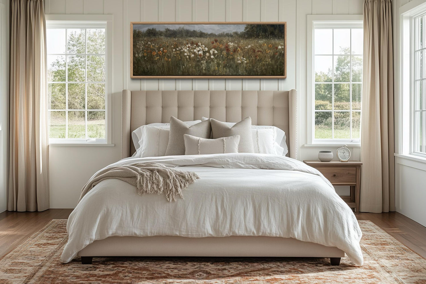 Moody Muted Wildflowers Field Long Horizontal Canvas Above Bed Wall Art