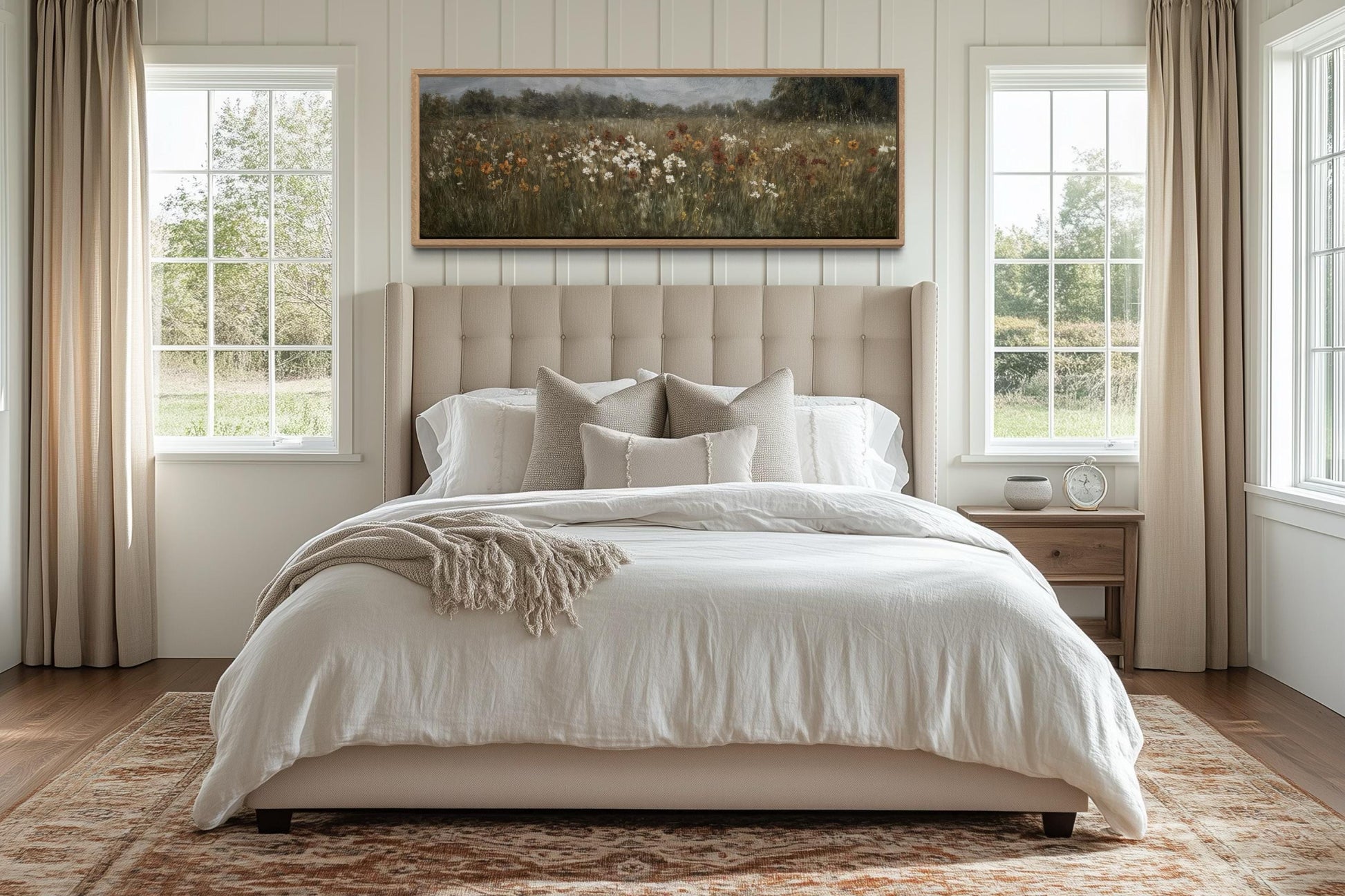 Moody Muted Wildflowers Field Long Horizontal Canvas Above Bed Wall Art