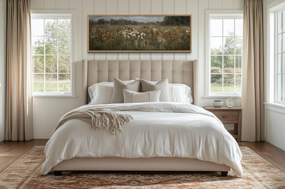 Moody Muted Wildflowers Field Long Horizontal Canvas Above Bed Wall Art