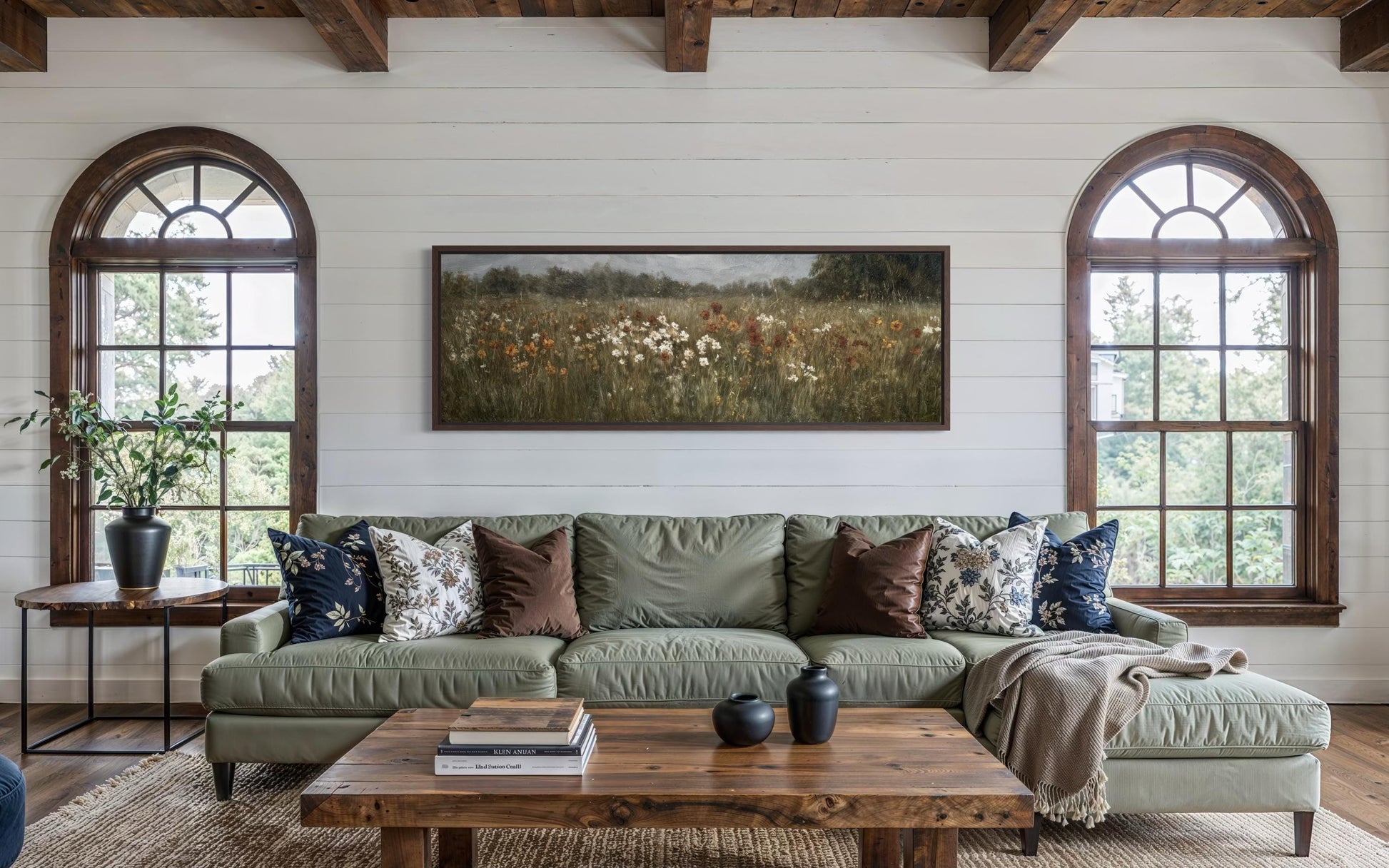 Moody Muted Wildflowers Field Long Horizontal Canvas Above Bed Wall Art