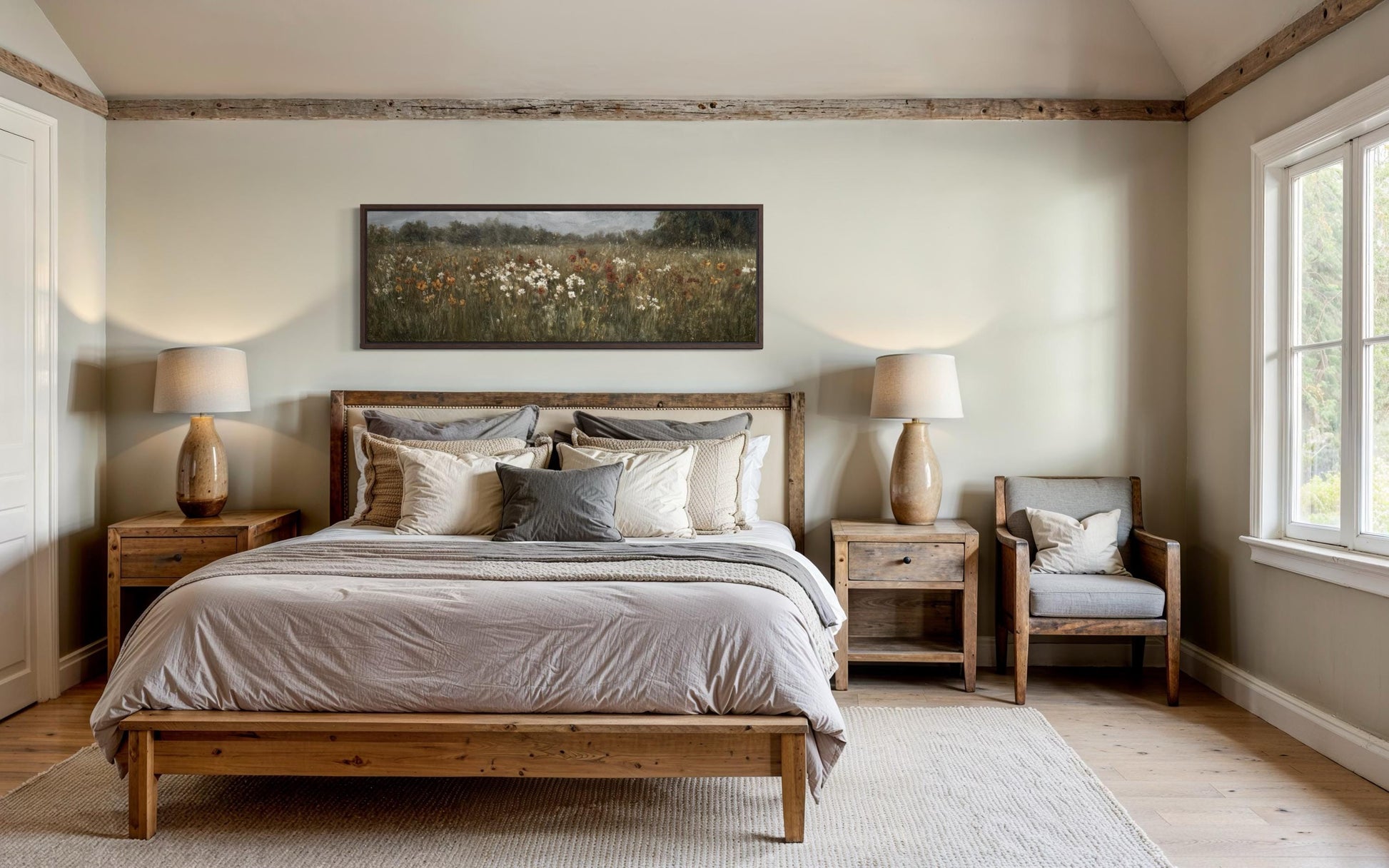 Moody Muted Wildflowers Field Long Horizontal Canvas Above Bed Wall Art