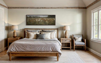 Moody Muted Wildflowers Field Long Horizontal Canvas Above Bed Wall Art