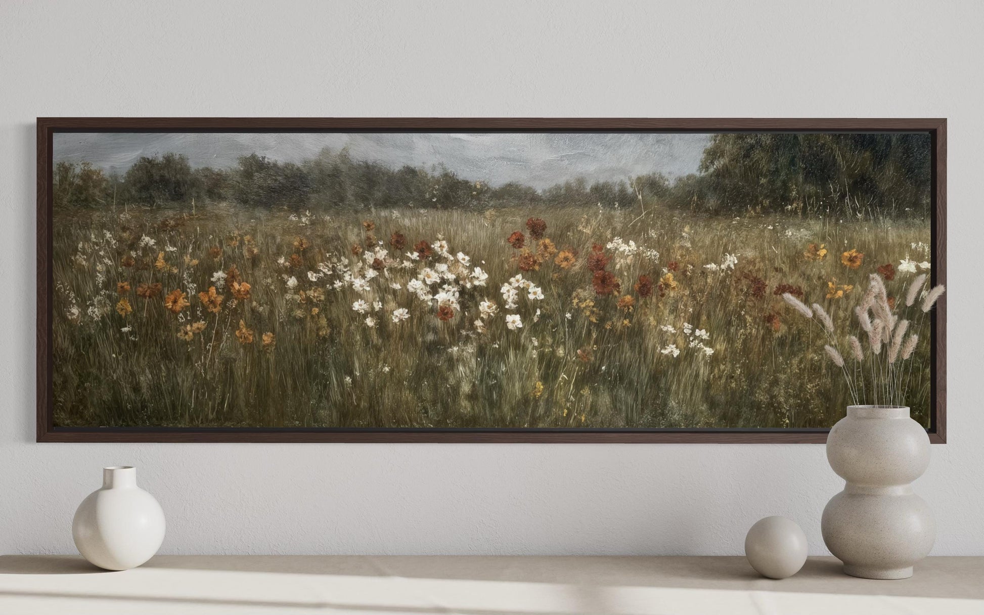Moody Muted Wildflowers Field Long Horizontal Canvas Above Bed Wall Art