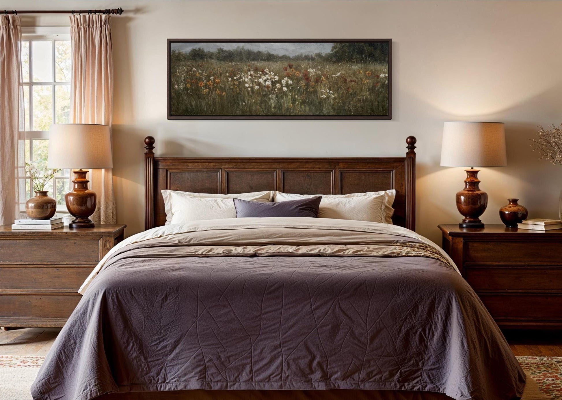Moody Muted Wildflowers Field Long Horizontal Canvas Above Bed Wall Art