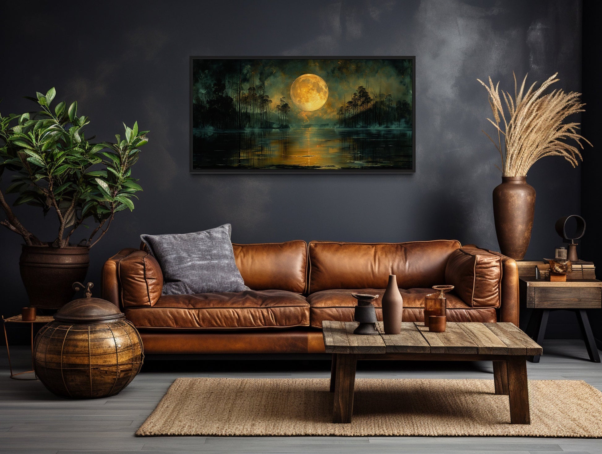 Moody Night Lake Art – Gothic Wall Decor | Full Yellow Moon Canvas Print