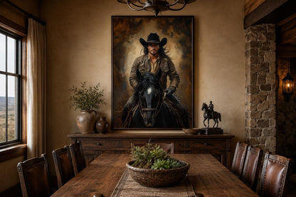 Moody Portrait of a Cowboy Riding a Black Horse in Warm Golden Light, Western Wall Art
