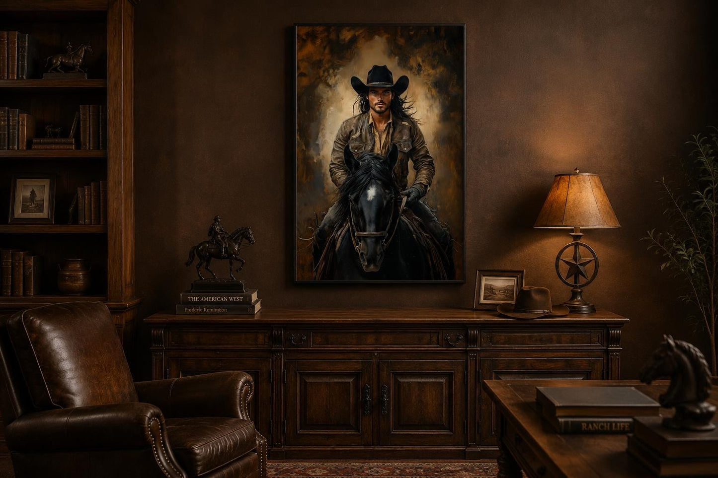 Moody Portrait of a Cowboy Riding a Black Horse in Warm Golden Light, Western Wall Art