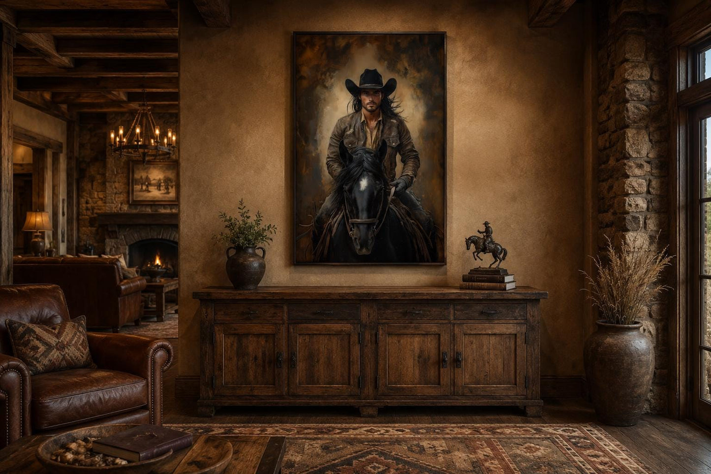 Moody Portrait of a Cowboy Riding a Black Horse in Warm Golden Light, Western Wall Art