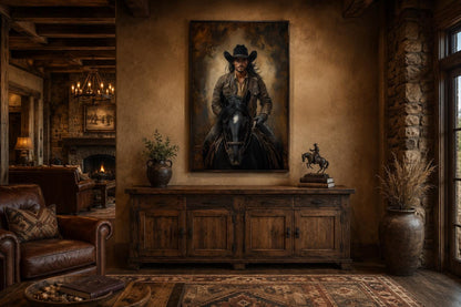Moody Portrait of a Cowboy Riding a Black Horse in Warm Golden Light, Western Wall Art