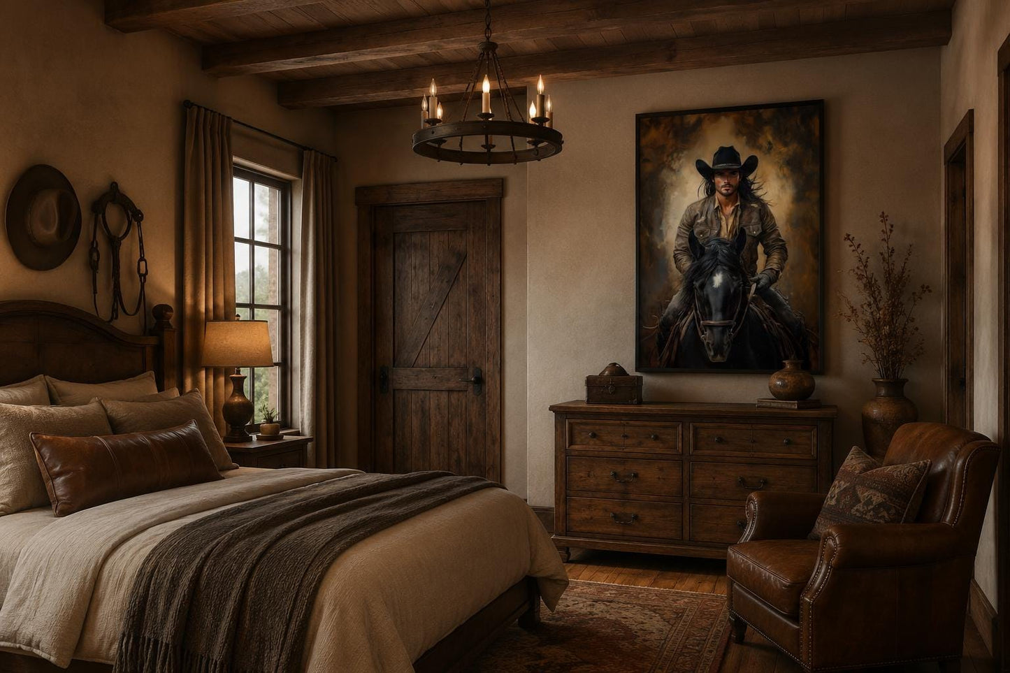Moody Portrait of a Cowboy Riding a Black Horse in Warm Golden Light, Western Wall Art