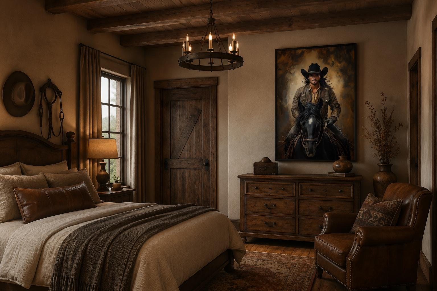 Moody Portrait of a Cowboy Riding a Black Horse in Warm Golden Light, Western Wall Art