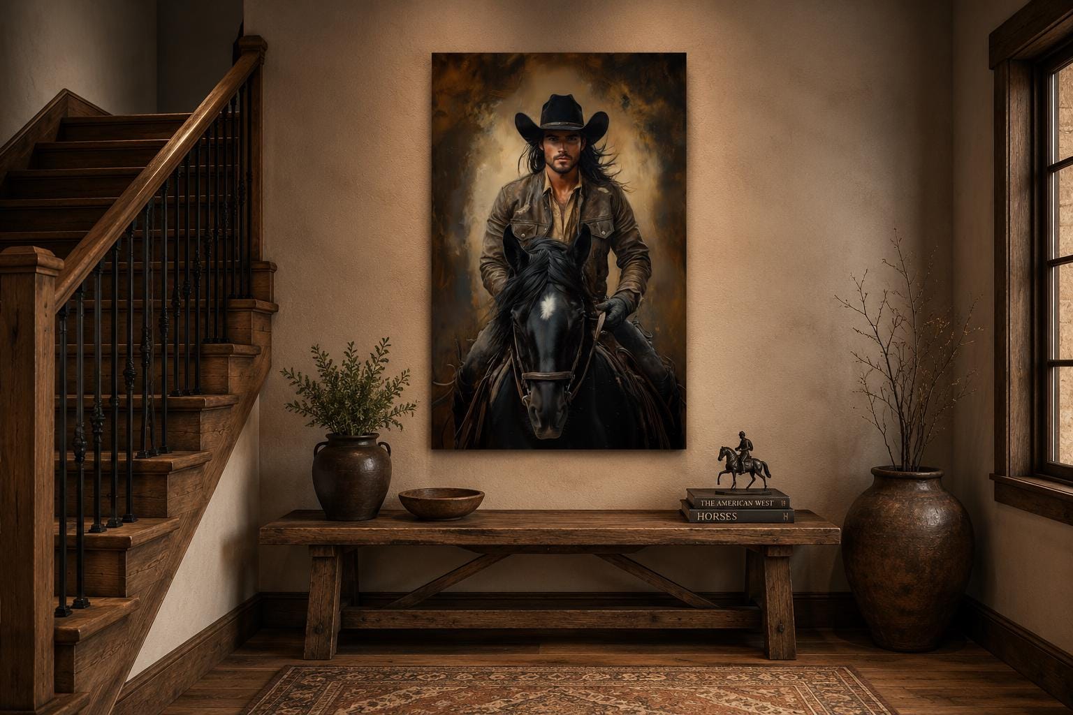 Moody Portrait of a Cowboy Riding a Black Horse in Warm Golden Light, Western Wall Art