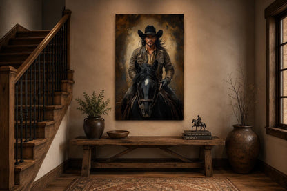 Moody Portrait of a Cowboy Riding a Black Horse in Warm Golden Light, Western Wall Art