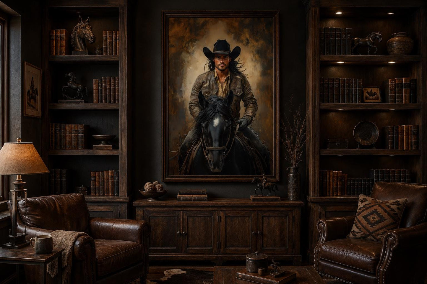 Moody Portrait of a Cowboy Riding a Black Horse in Warm Golden Light, Western Wall Art