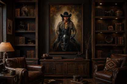 Moody Portrait of a Cowboy Riding a Black Horse in Warm Golden Light, Western Wall Art
