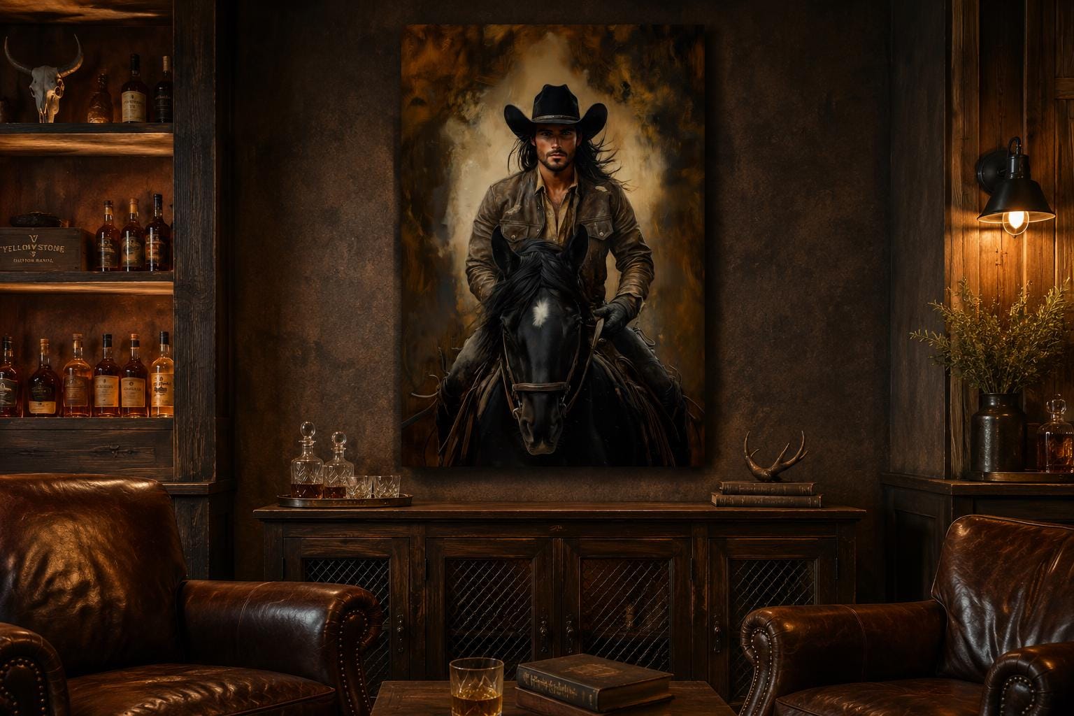 Moody Portrait of a Cowboy Riding a Black Horse in Warm Golden Light, Western Wall Art