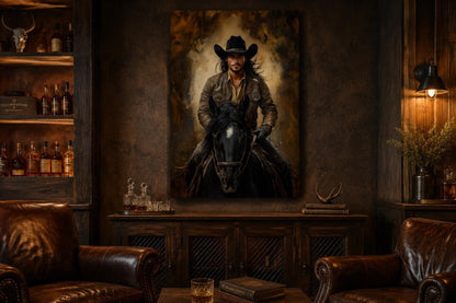 Moody Portrait of a Cowboy Riding a Black Horse in Warm Golden Light, Western Wall Art