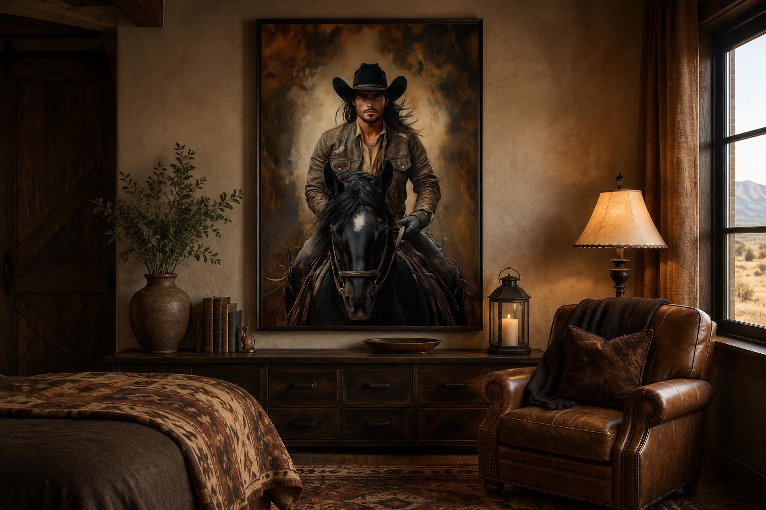Moody Portrait of a Cowboy Riding a Black Horse in Warm Golden Light, Western Wall Art