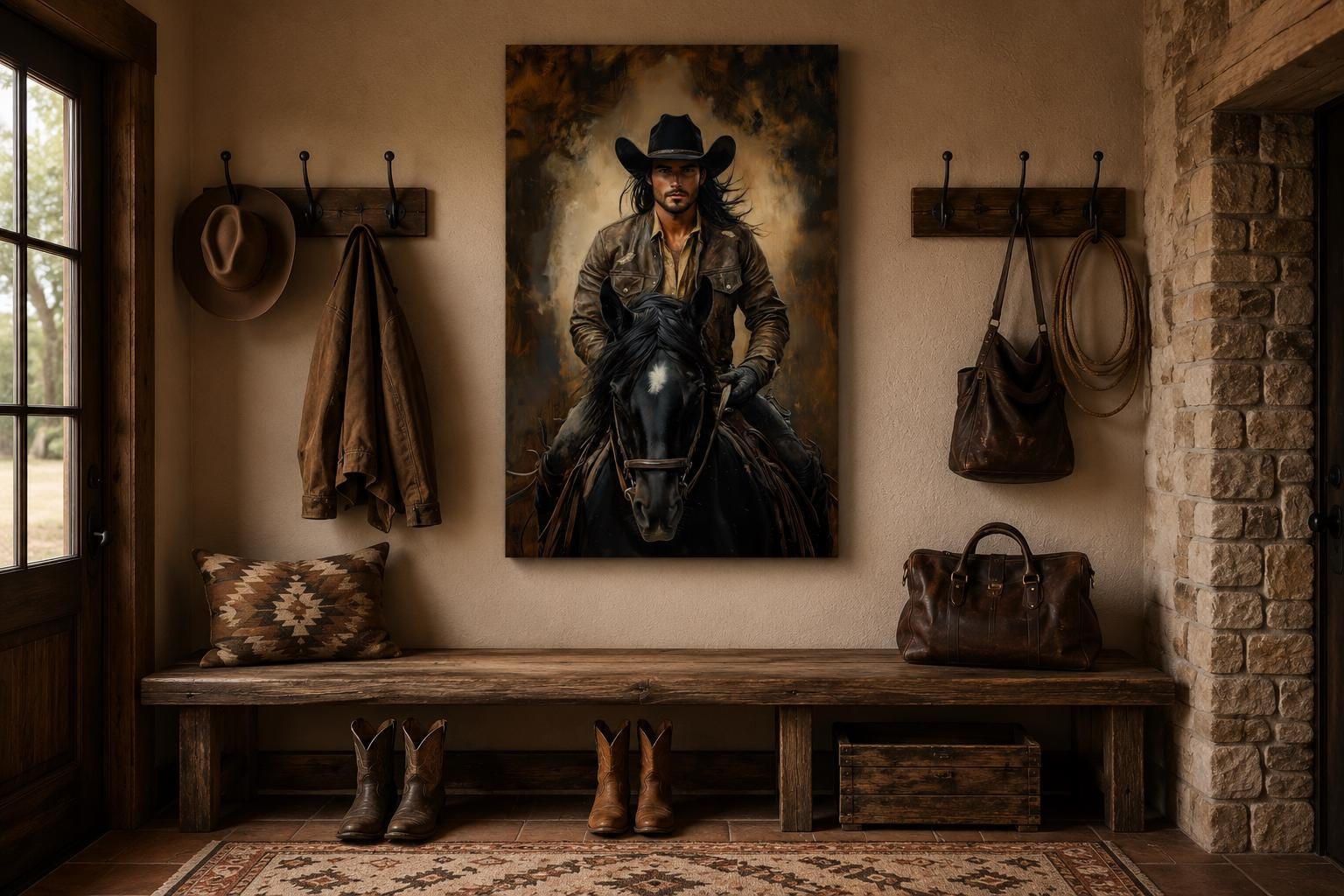 Moody Portrait of a Cowboy Riding a Black Horse in Warm Golden Light, Western Wall Art