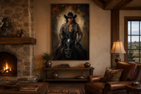 Moody Portrait of a Cowboy Riding a Black Horse in Warm Golden Light, Western Wall Art