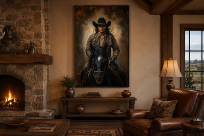 Moody Portrait of a Cowboy Riding a Black Horse in Warm Golden Light, Western Wall Art