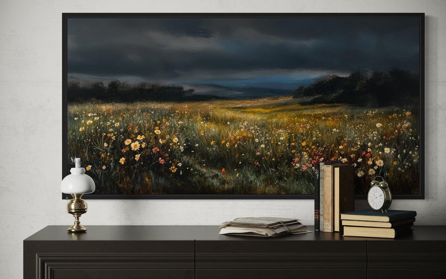 Moody Wildflowers Meadow At Night Canvas Wall Art