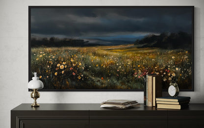 Moody Wildflowers Meadow At Night Canvas Wall Art