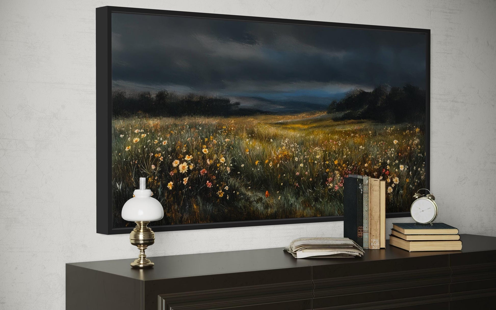 Moody Wildflowers Meadow At Night Canvas Wall Art