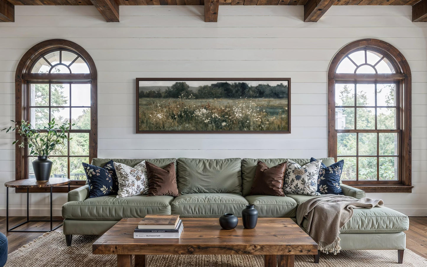 Moody Wildflowers Field Long Narrow Horizontal Wall Decor Above Bed Canvas Wall Art