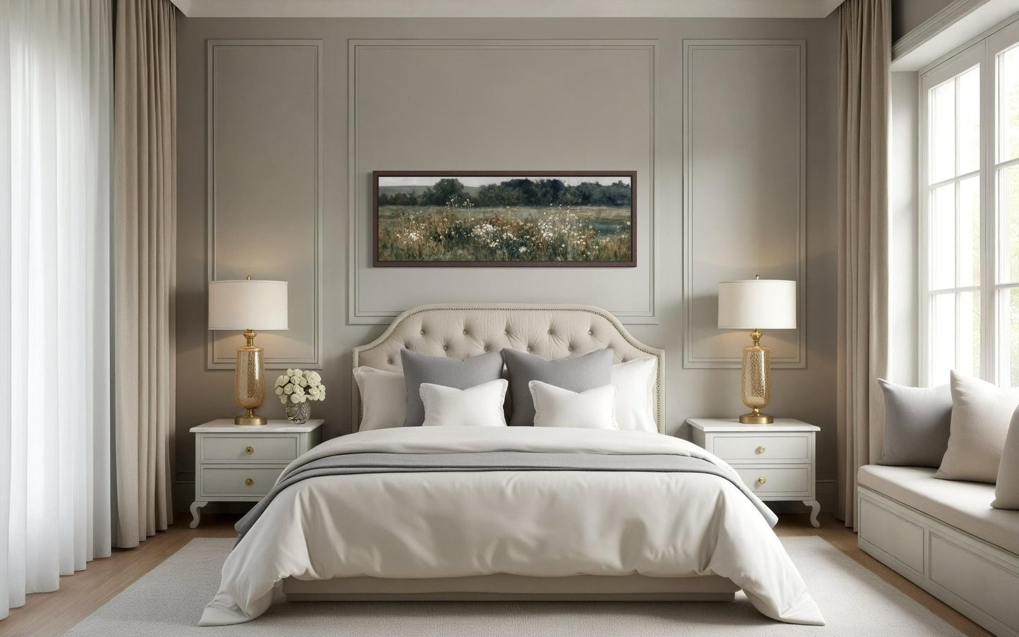 Moody Wildflowers Field Long Narrow Horizontal Wall Decor Above Bed Canvas Wall Art
