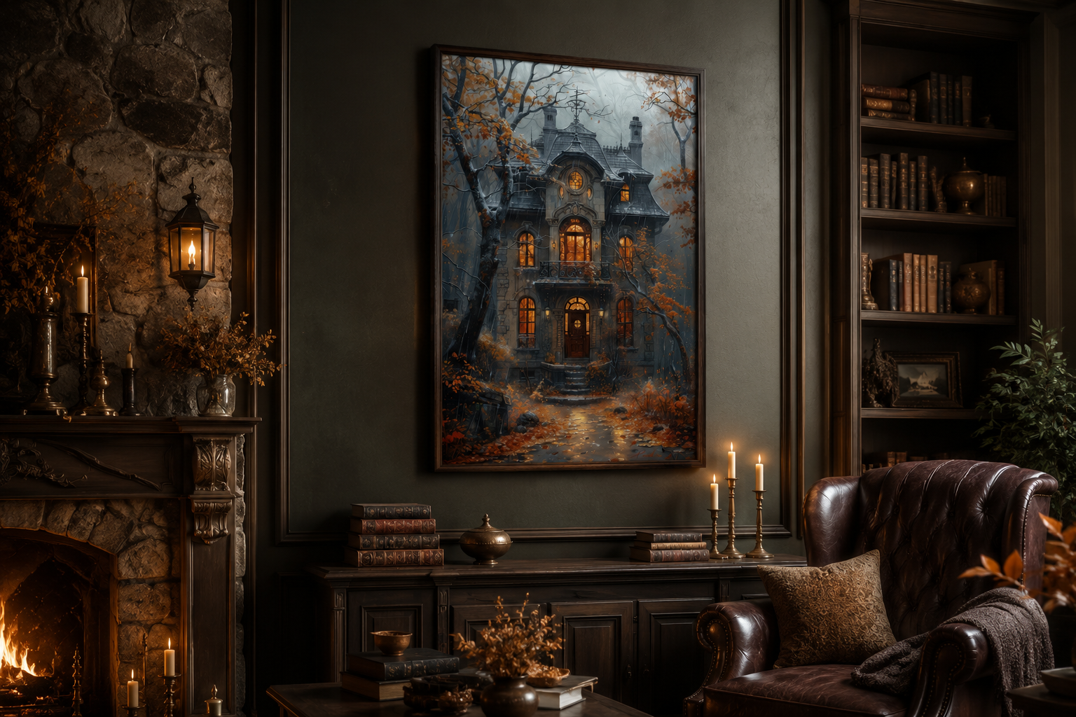 Moody Victorian House In Autumn under Rain Framed Canvas Wall Art