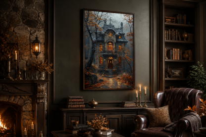 Moody Victorian House In Autumn under Rain Framed Canvas Wall Art