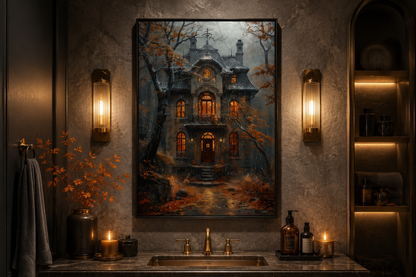 Moody Victorian House In Autumn under Rain Framed Canvas Wall Art